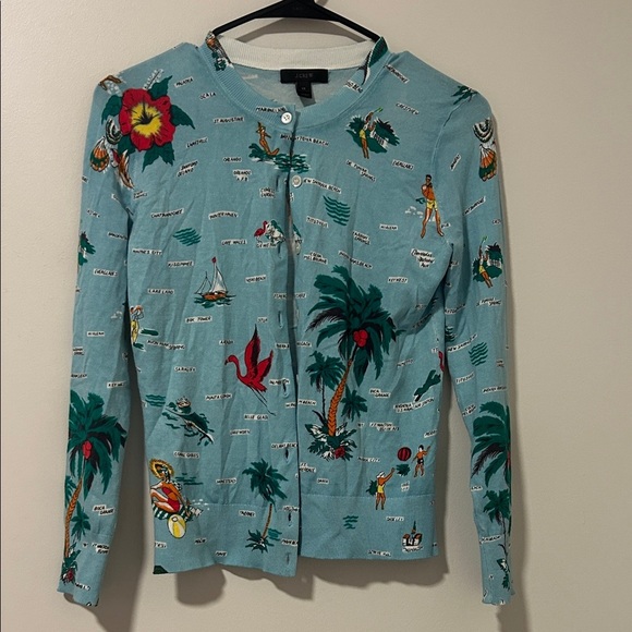 J. Crew Sweaters - J Crew Light Blue Novelty Print Florida Beaches Cardigan Size XS